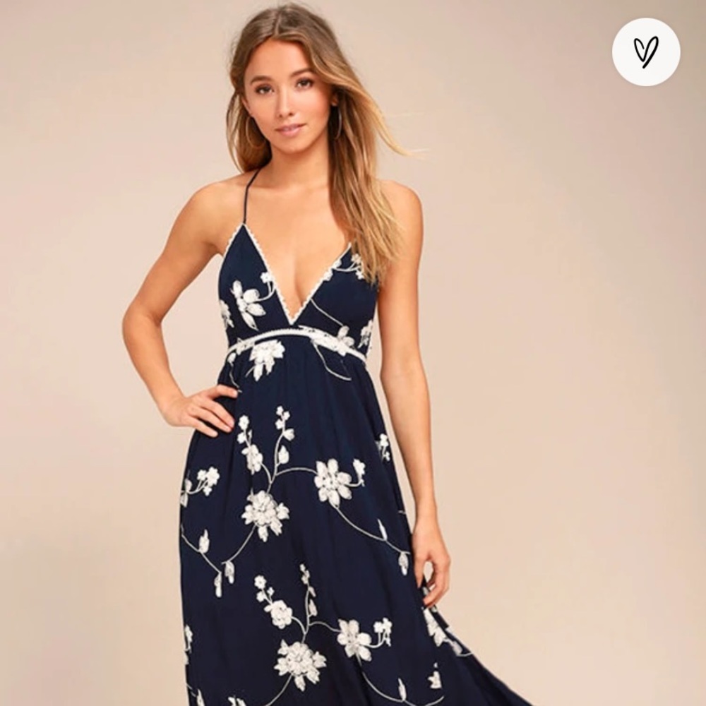 Lulu’s Winding Vines Navy Blue Embroidered Maxi Dress